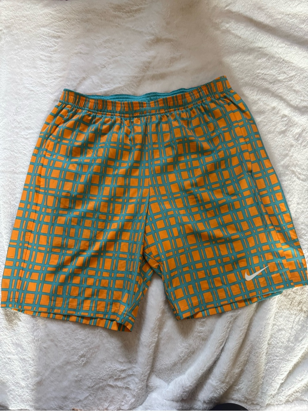 Nike Orange and Teal Grid-Print Athletic Shorts